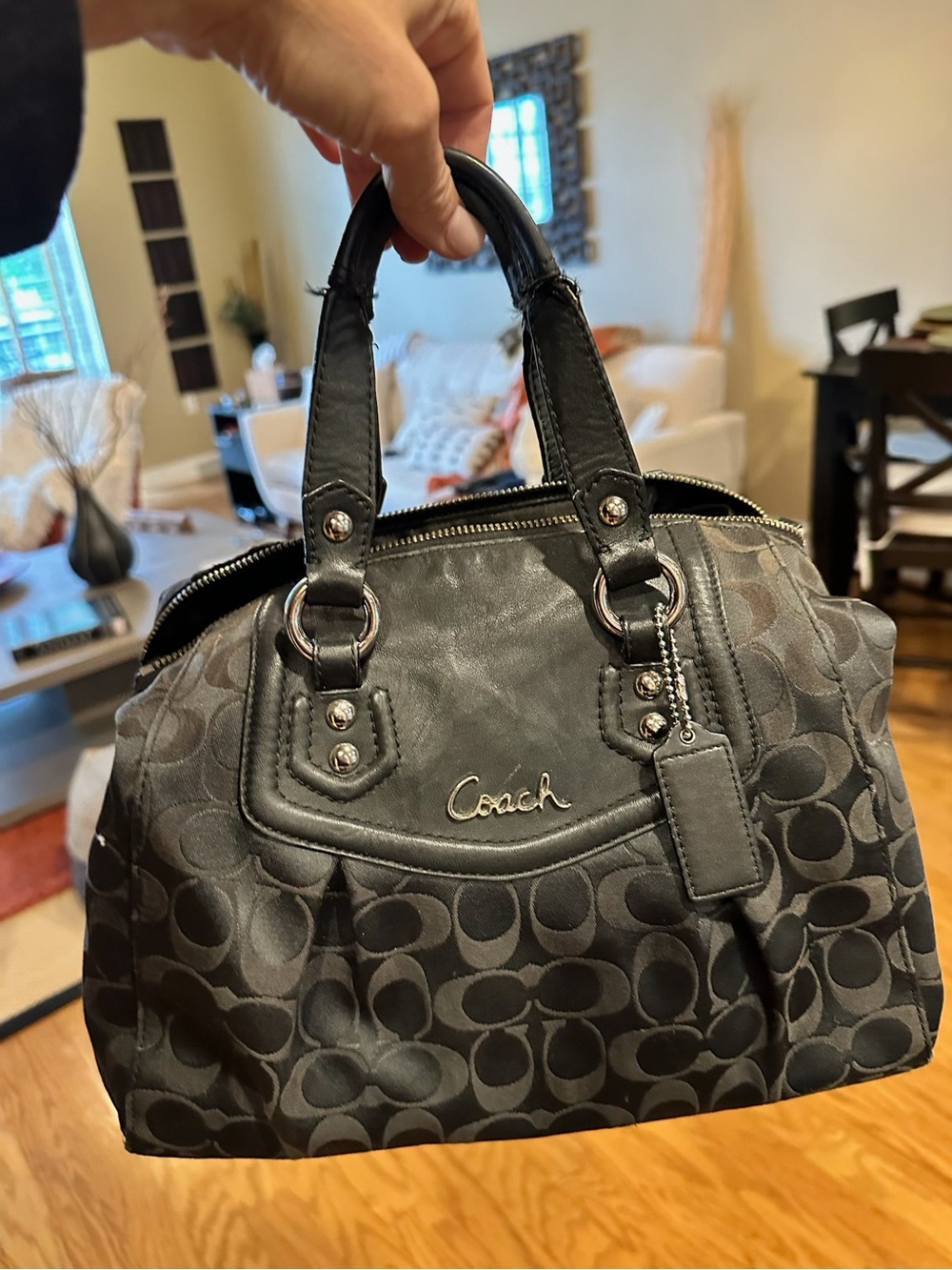 Coach Black Signature Satchel with Leather Trim